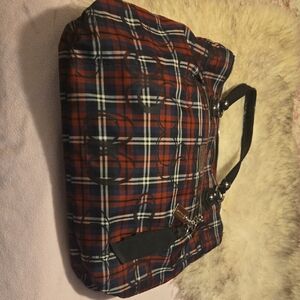 Plaid Red and Navy Shoulder Purse or small Duffel Bag with Black Handles